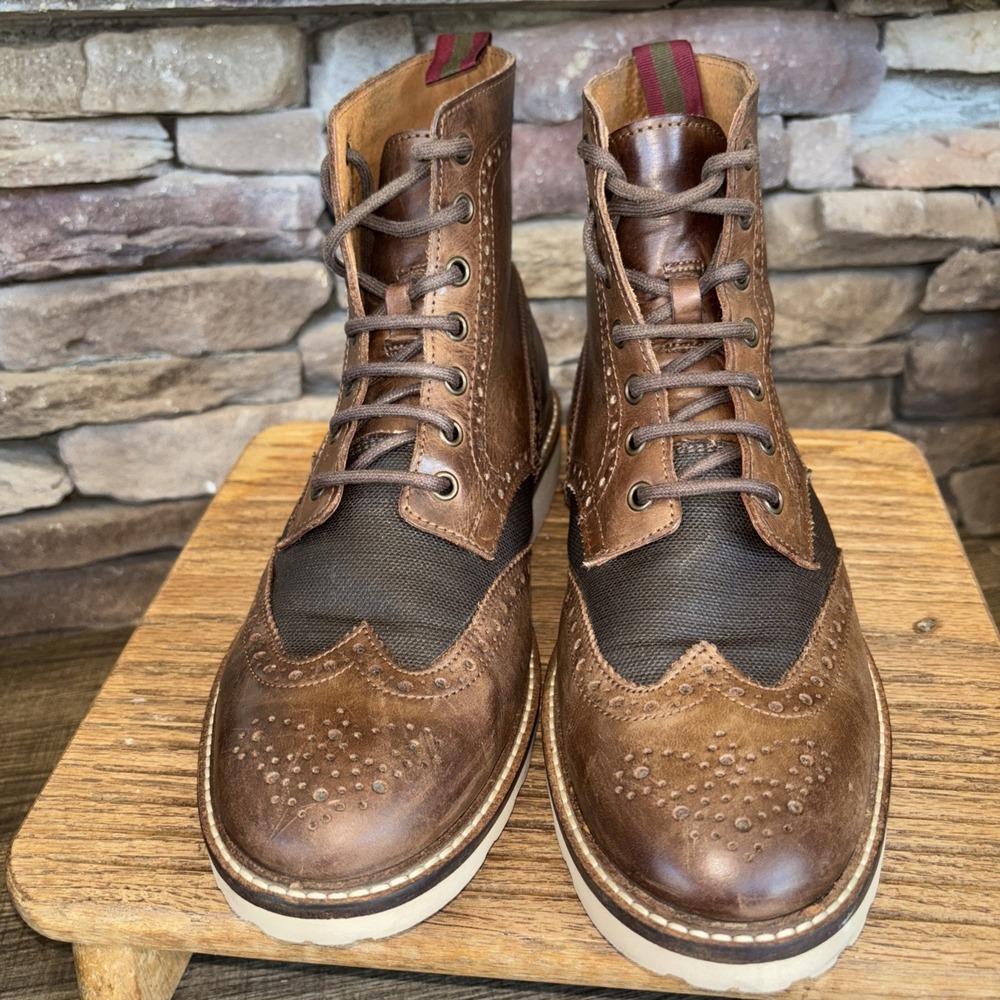 Natha Studio Wing Back Ankle Boots Mens 8M Brown Leather/Canvas Lace Up Wedge
